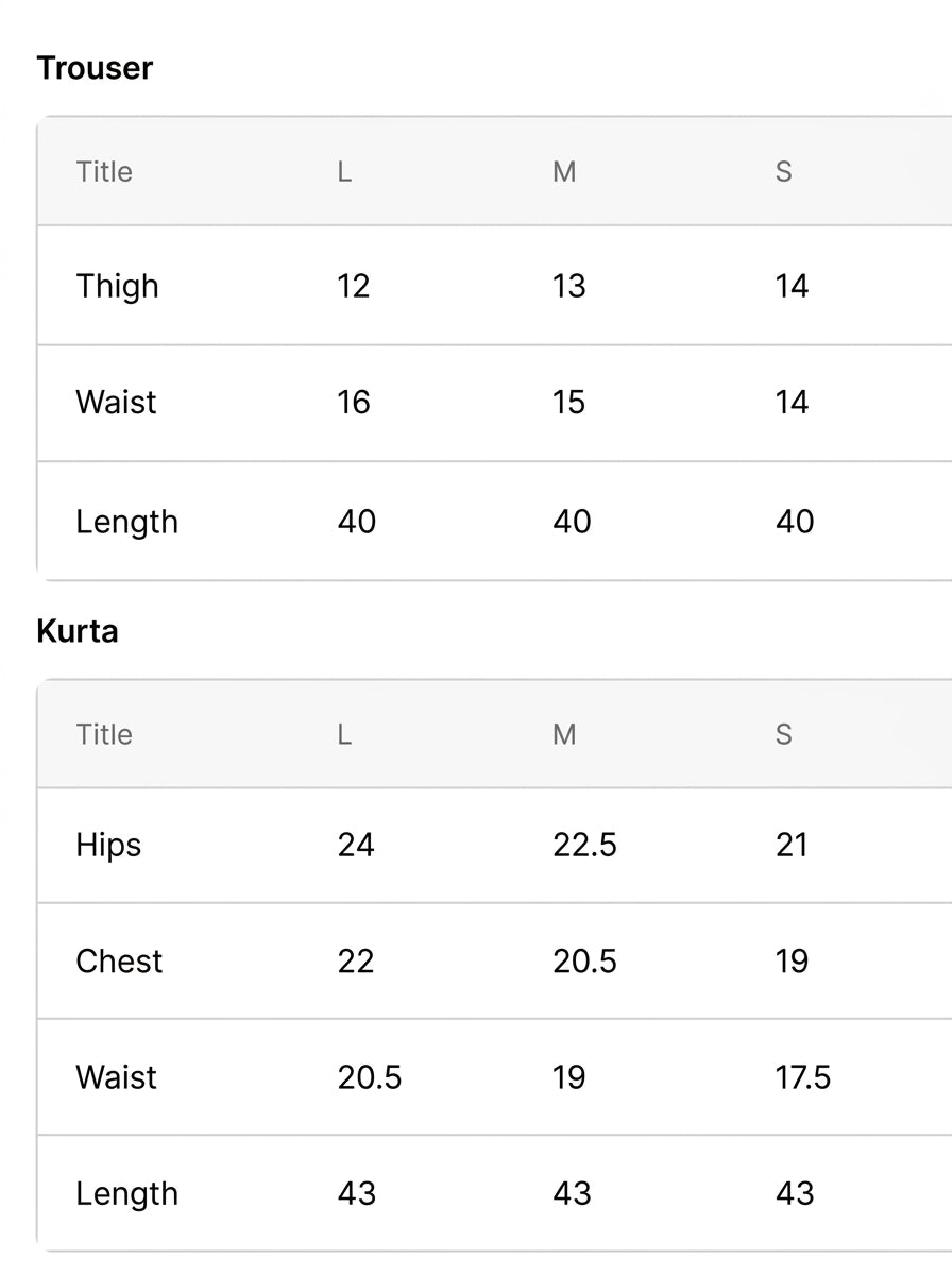Size chart for Bilonara