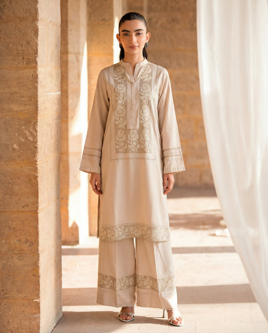 Beige Embroidered Linen Kurta Set – 2 Piece Straight Cut Kurta with Palazzo - Rangrez Jawa