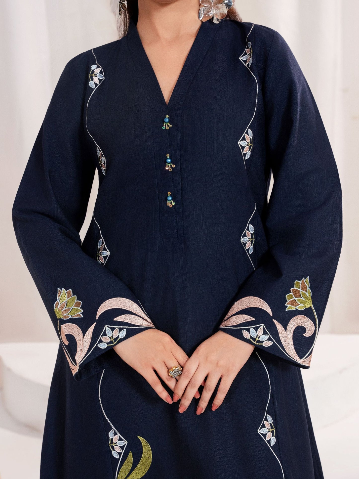 Navy Blue Embroidered Khaddar Shirt/Kurti – 1 Piece Regular Fit Top - Purelle Navy Khaddar