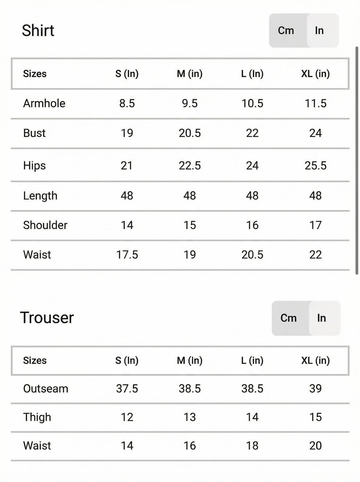 Size chart for Black Embroidered Linen Two Piece Set for Women | Floral Kurta & Trouser Co-Ord