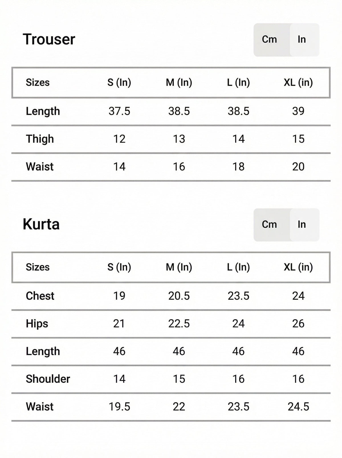 Size chart for Mashal Black Linen Embroidered Long Shirt & Trouser Set (2PC)