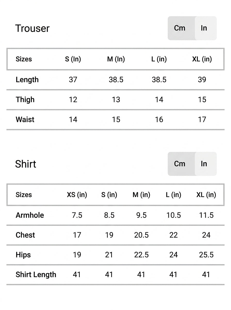 Size chart for Zumra Pista