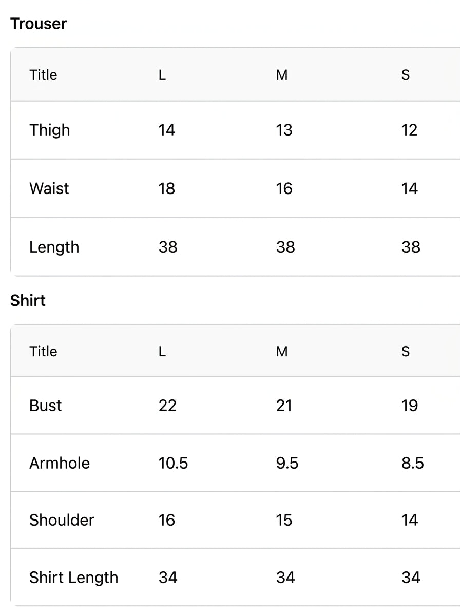Size chart for Mehwar