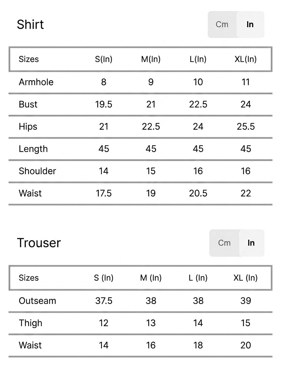 Size chart for Zehnaz