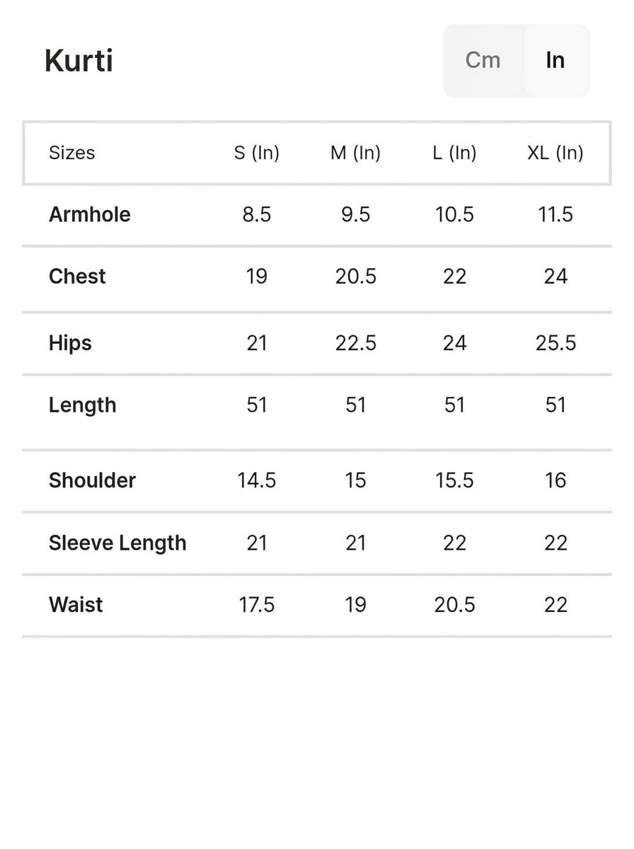 Size chart for Anam Ivory
