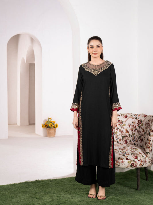 Mashal Black Linen Embroidered Long Shirt & Trouser Set (2PC)