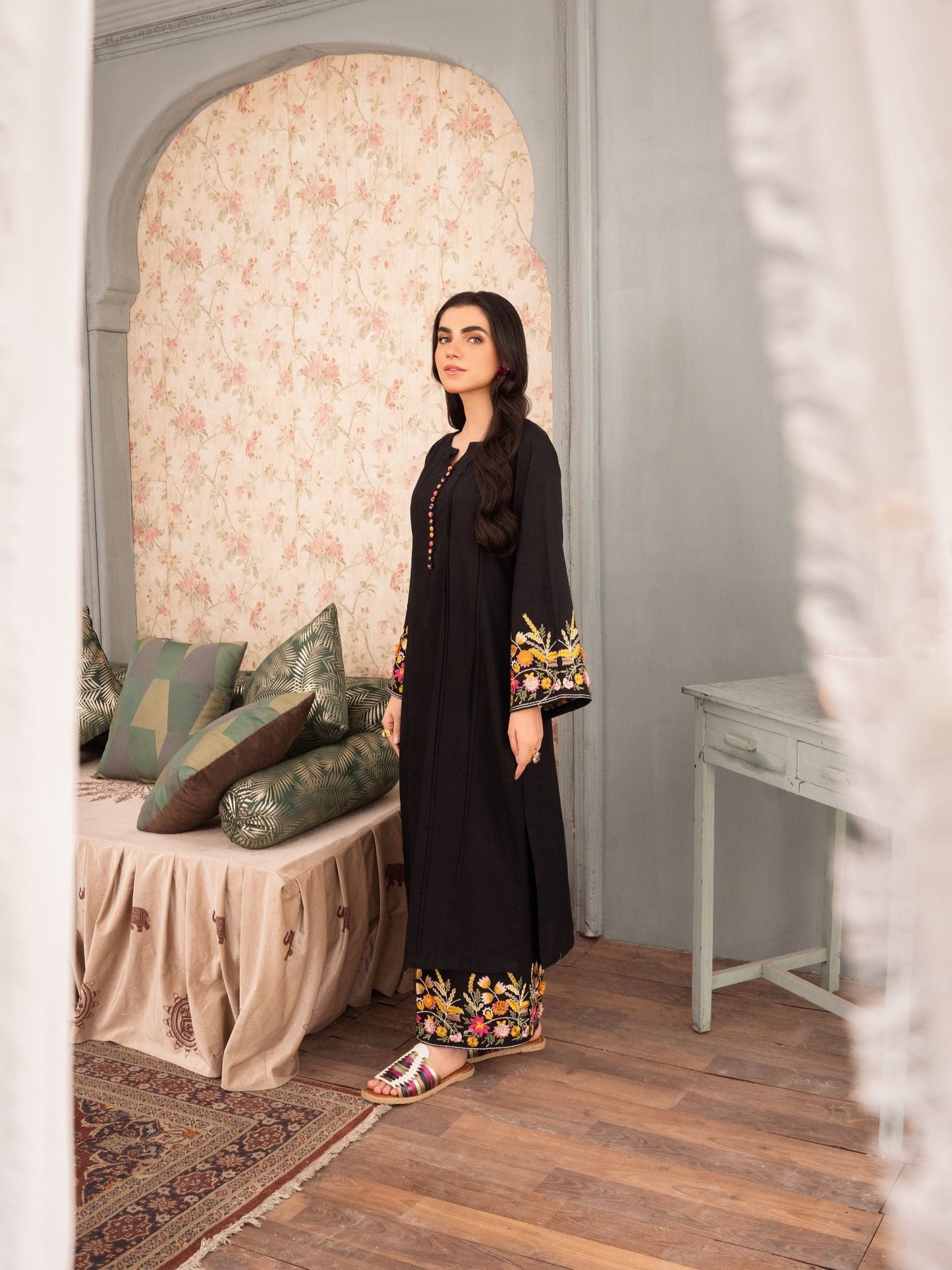 Black Embroidered Linen Two Piece Set for Women | Floral Kurta & Trouser Co-Ord