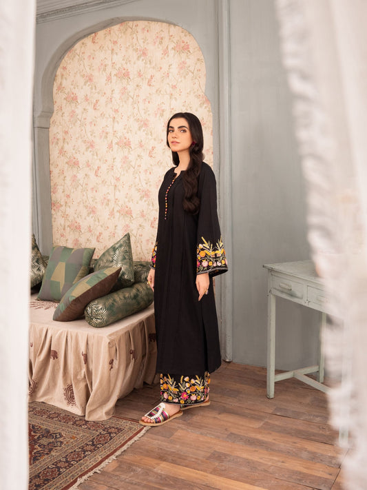 Black Embroidered Linen Two Piece Set for Women | Floral Kurta & Trouser Co-Ord