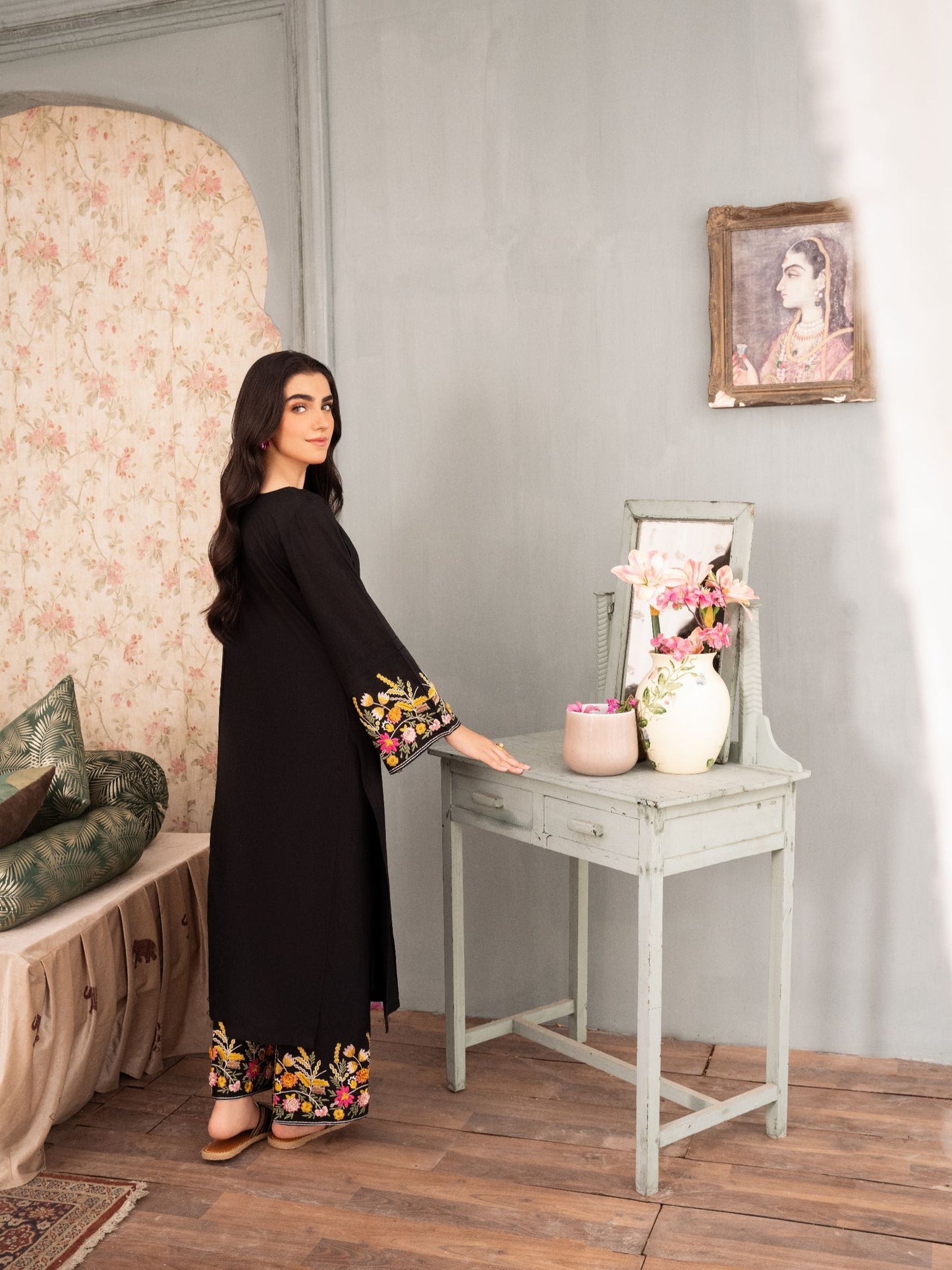 Black Embroidered Linen Two Piece Set for Women | Floral Kurta & Trouser Co-Ord
