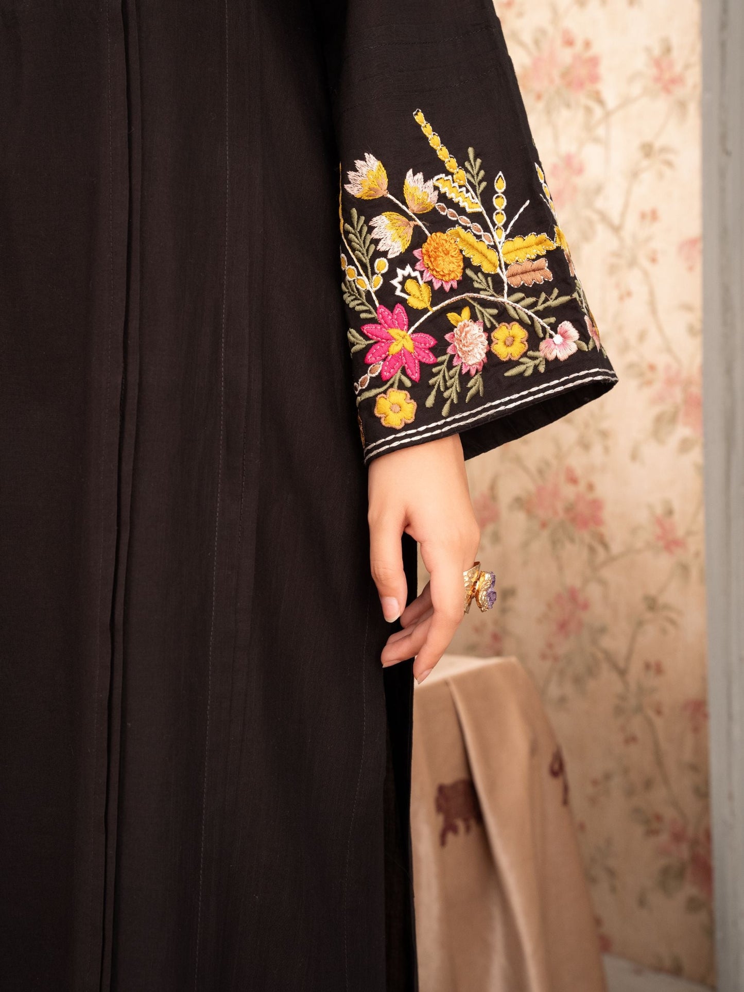 Black Embroidered Linen Two Piece Set for Women | Floral Kurta & Trouser Co-Ord