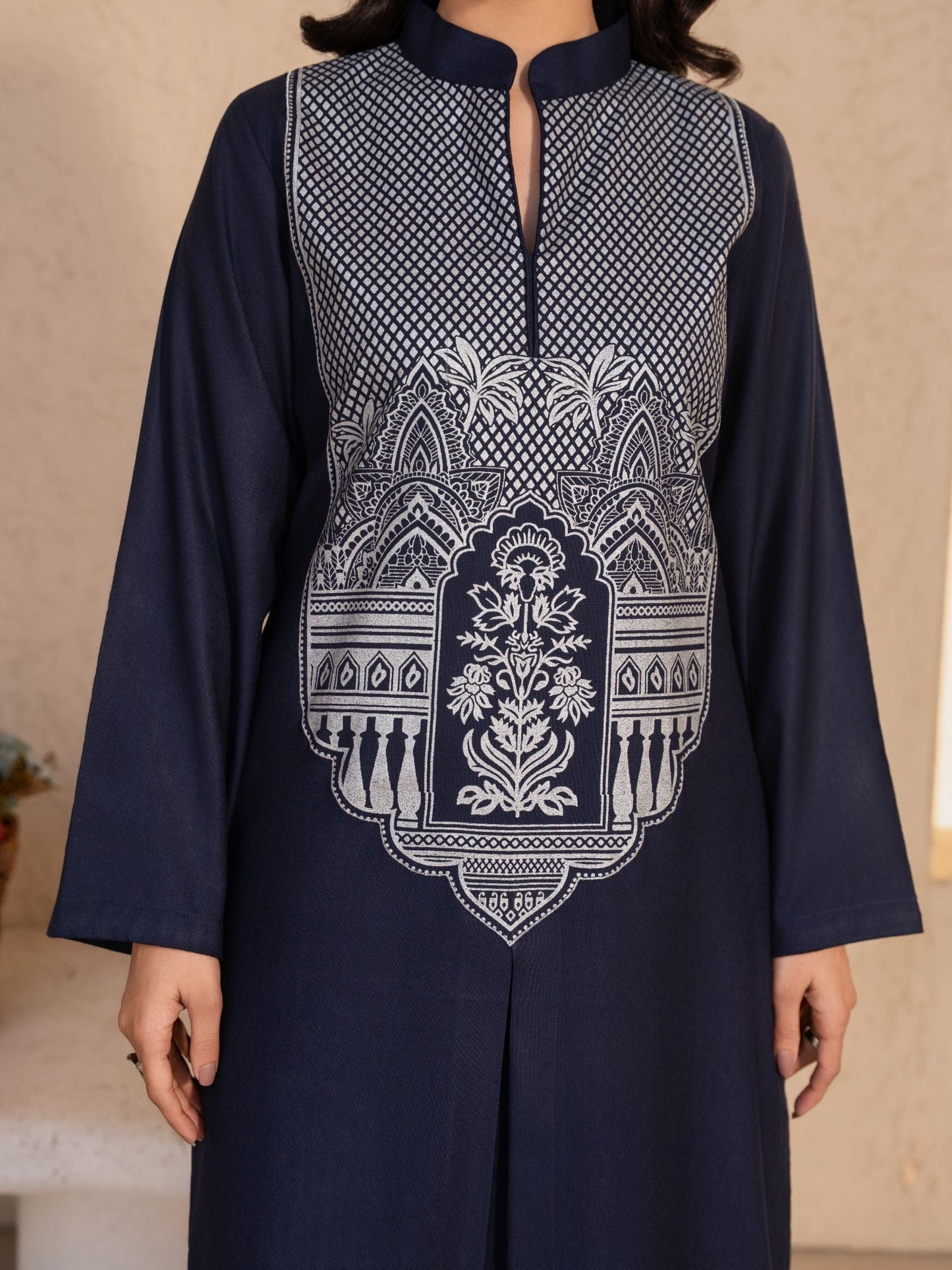 Navy Blue Printed Dhanak Kurta Set – Women’s 2 Piece Kurta & Palazzo - Evara Navy