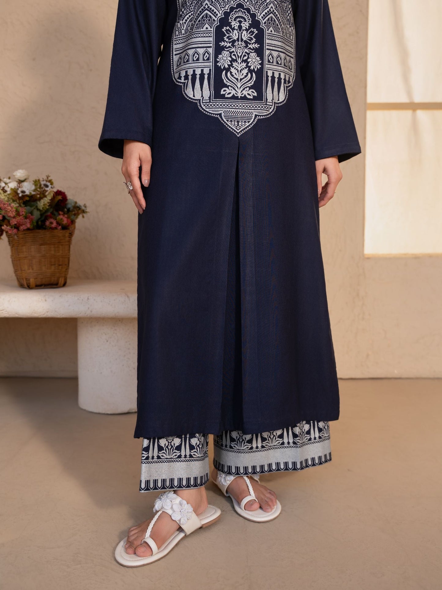 Navy Blue Printed Dhanak Kurta Set – Women’s 2 Piece Kurta & Palazzo - Evara Navy