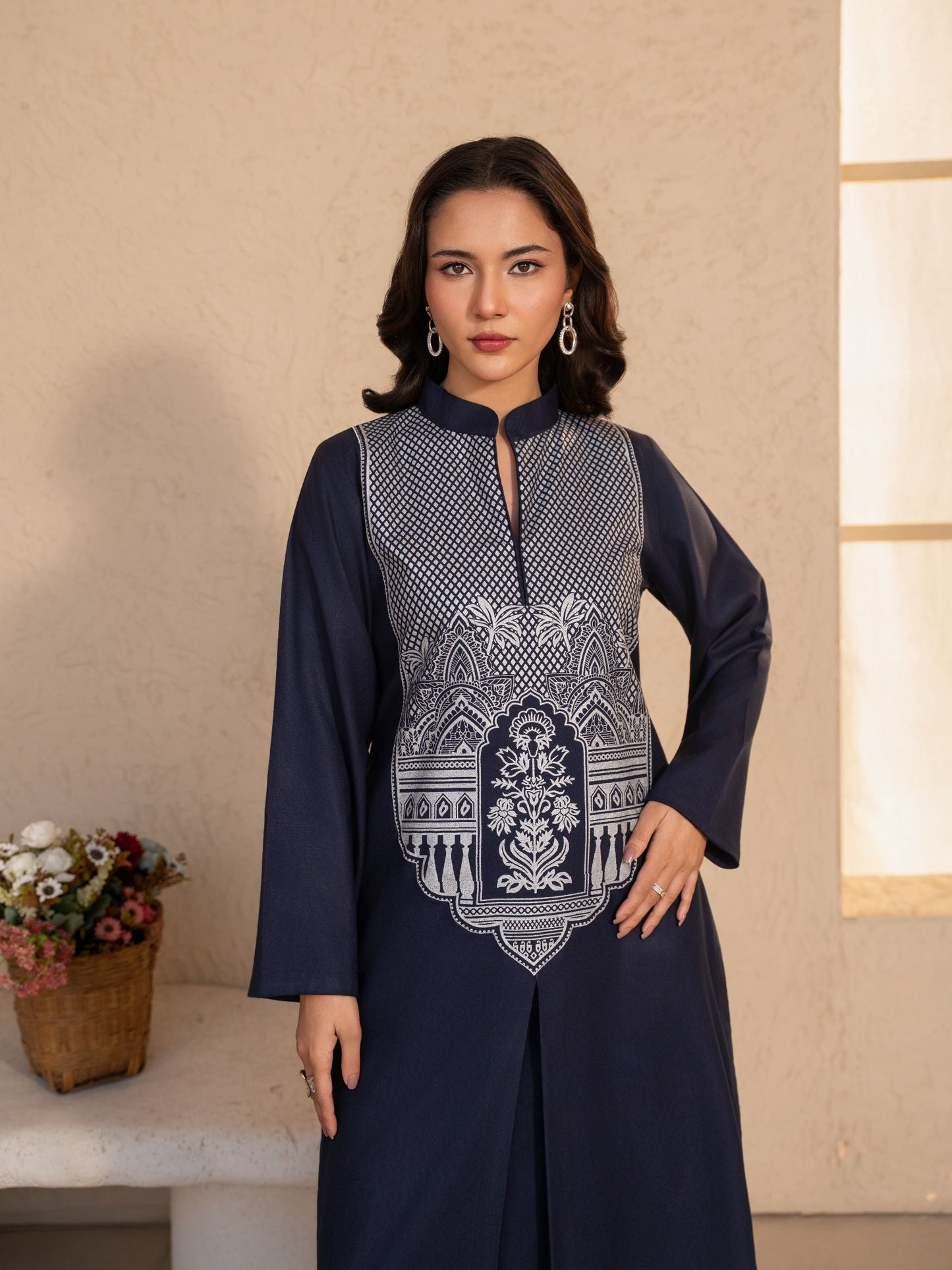 Navy Blue Printed Dhanak Kurta Set – Women’s 2 Piece Kurta & Palazzo - Evara Navy