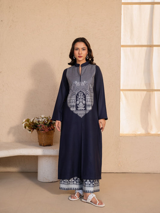 Navy Blue Printed Dhanak Kurta Set – Women’s 2 Piece Kurta & Palazzo - Evara Navy
