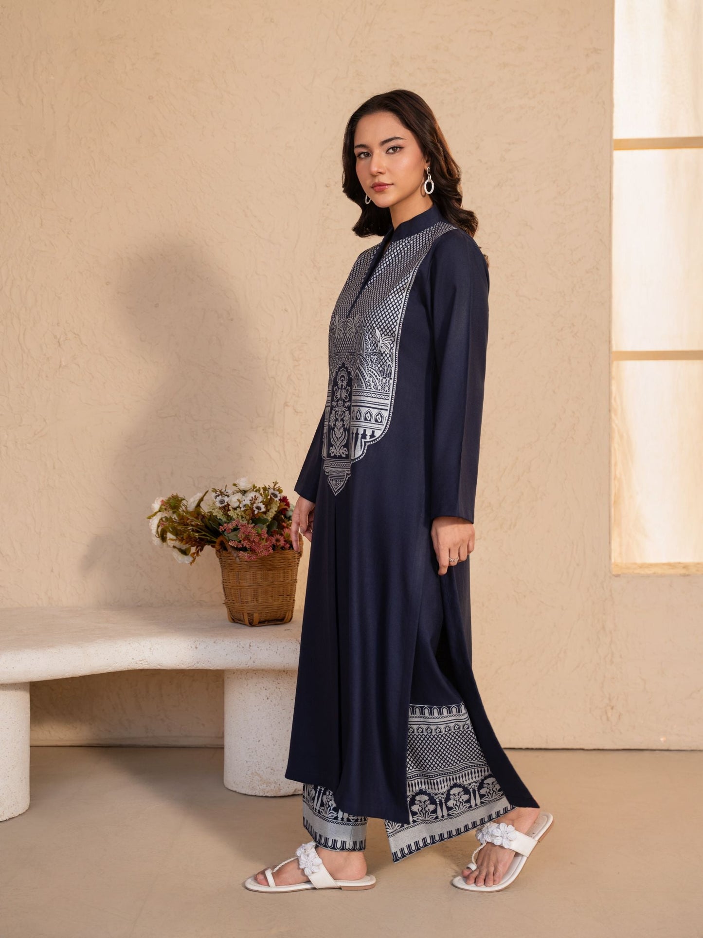 Navy Blue Printed Dhanak Kurta Set – Women’s 2 Piece Kurta & Palazzo - Evara Navy