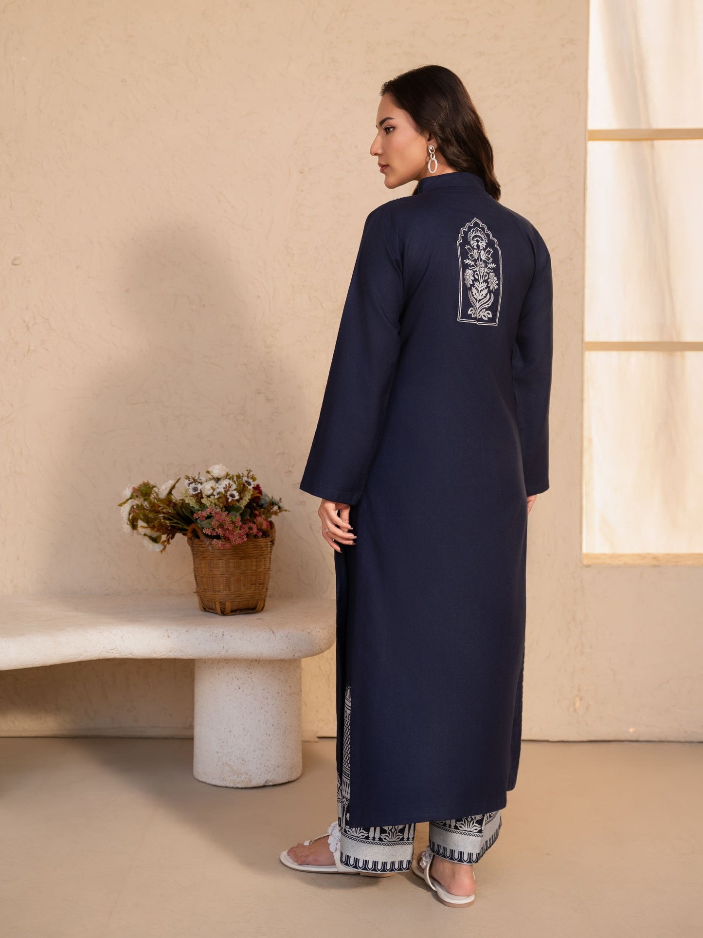 Navy Blue Printed Dhanak Kurta Set – Women’s 2 Piece Kurta & Palazzo - Evara Navy