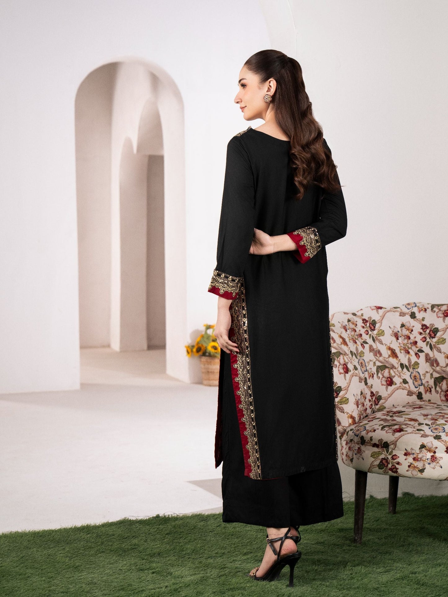Mashal Black Linen Embroidered Long Shirt & Trouser Set (2PC)