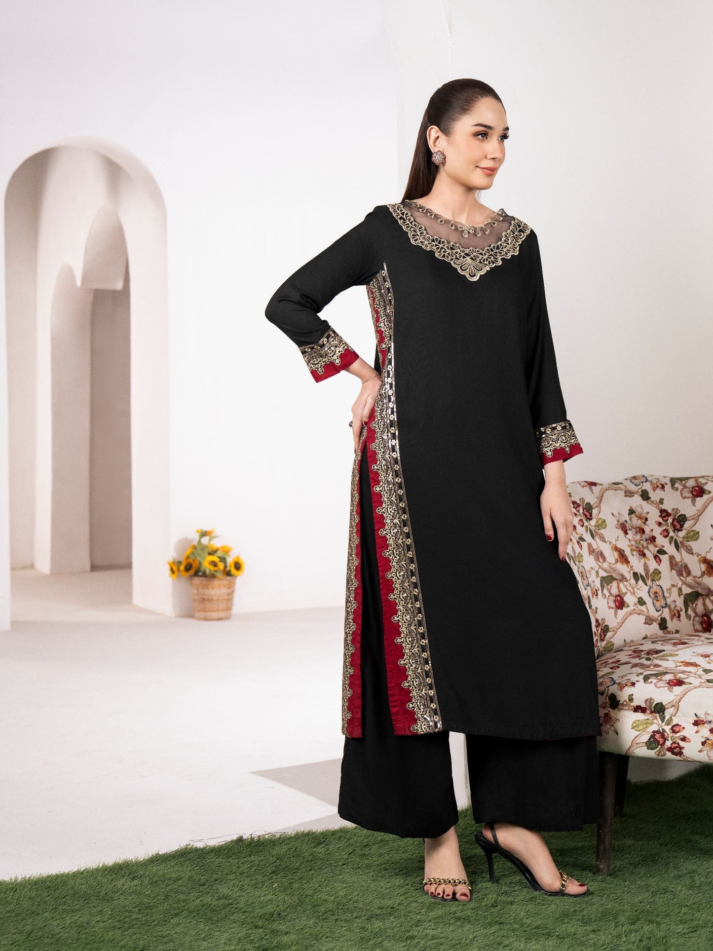 Mashal Black Linen Embroidered Long Shirt & Trouser Set (2PC)