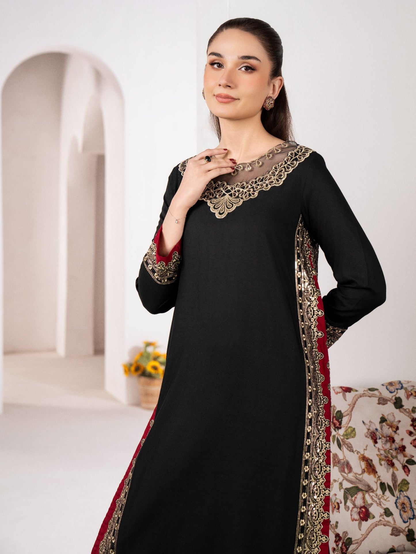 Mashal Black Linen Embroidered Long Shirt & Trouser Set (2PC)
