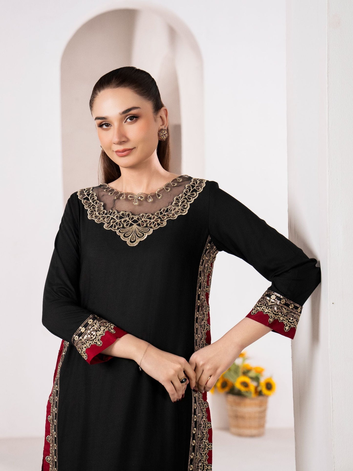 Mashal Black Linen Embroidered Long Shirt & Trouser Set (2PC)