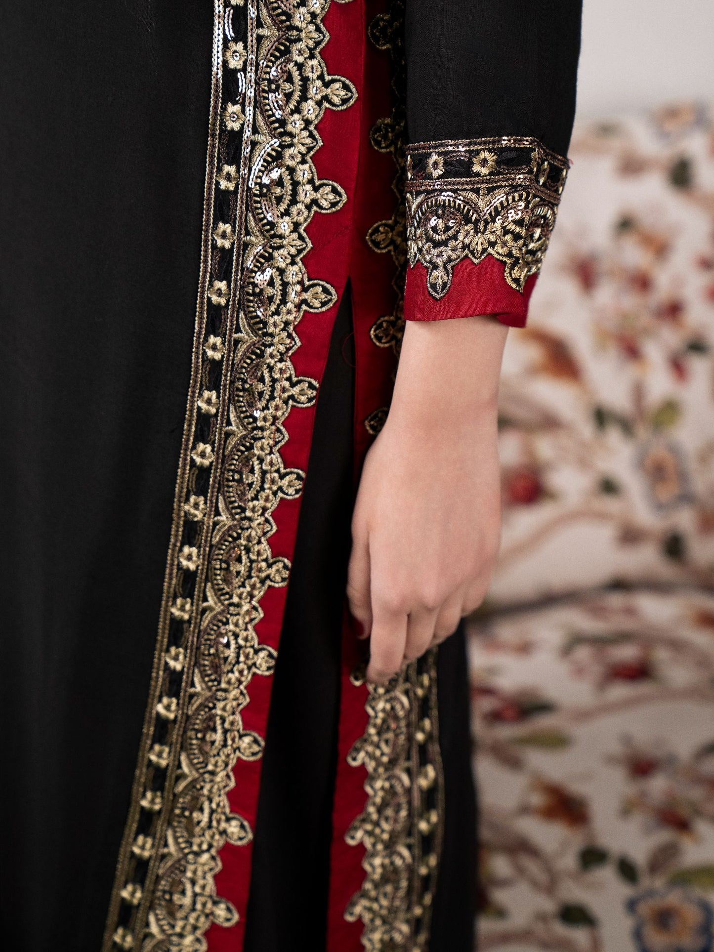 Mashal Black Linen Embroidered Long Shirt & Trouser Set (2PC)