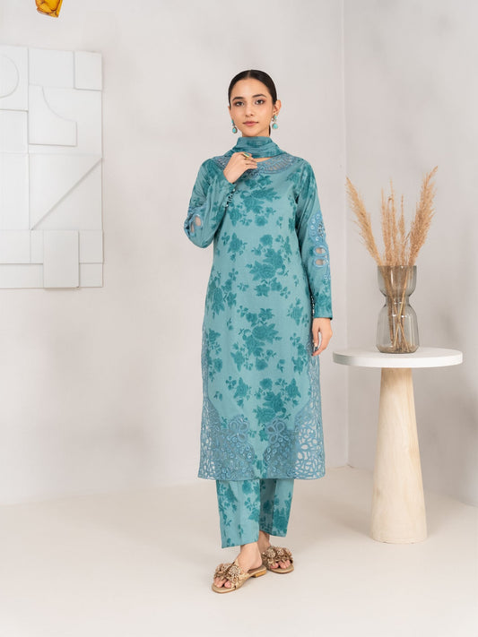 Pacific Blue Embroidered Dhanak 3 Piece Kurta Set – Shaila Dhanak