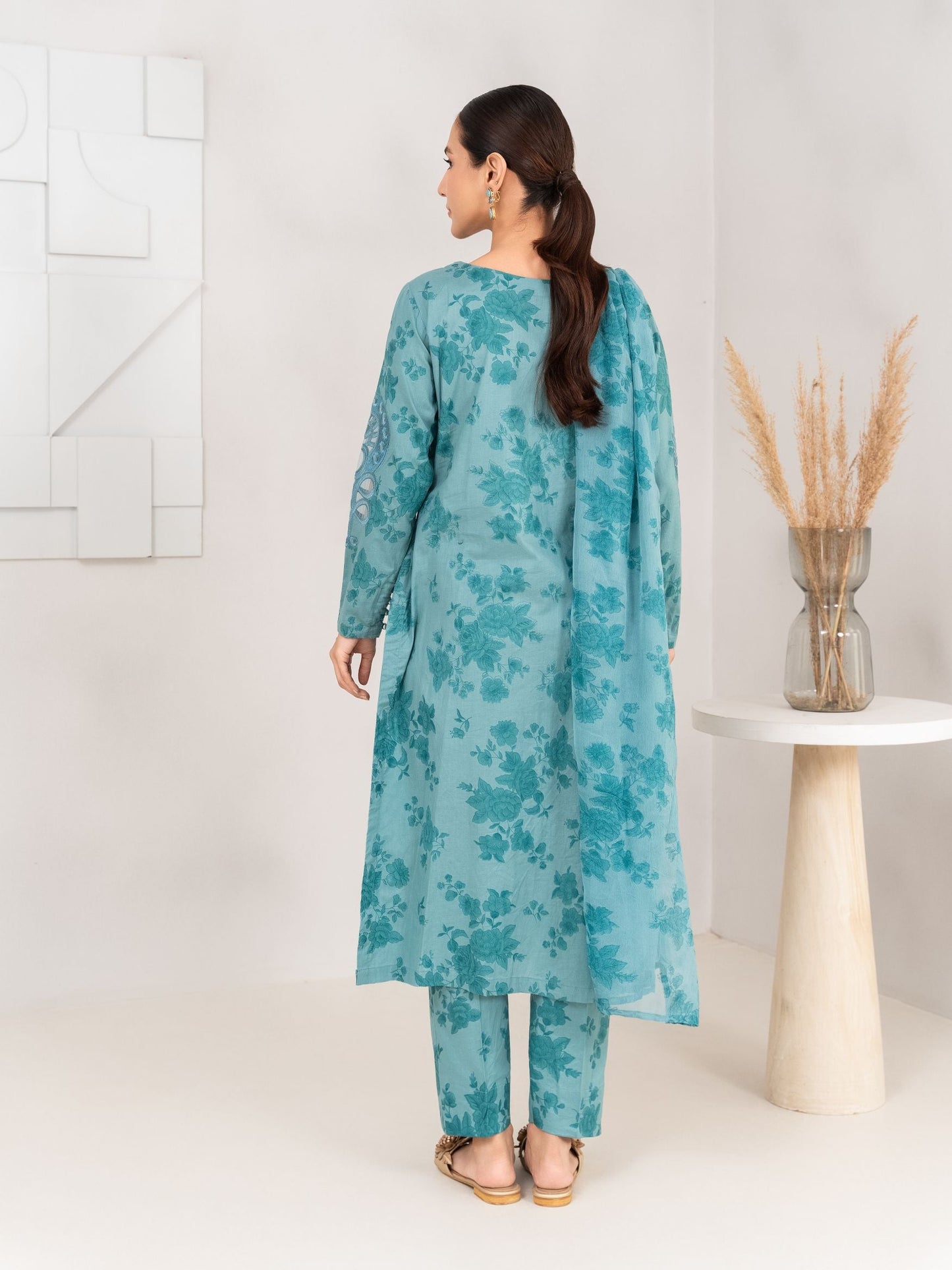 Pacific Blue Embroidered Dhanak 3 Piece Kurta Set – Shaila Dhanak