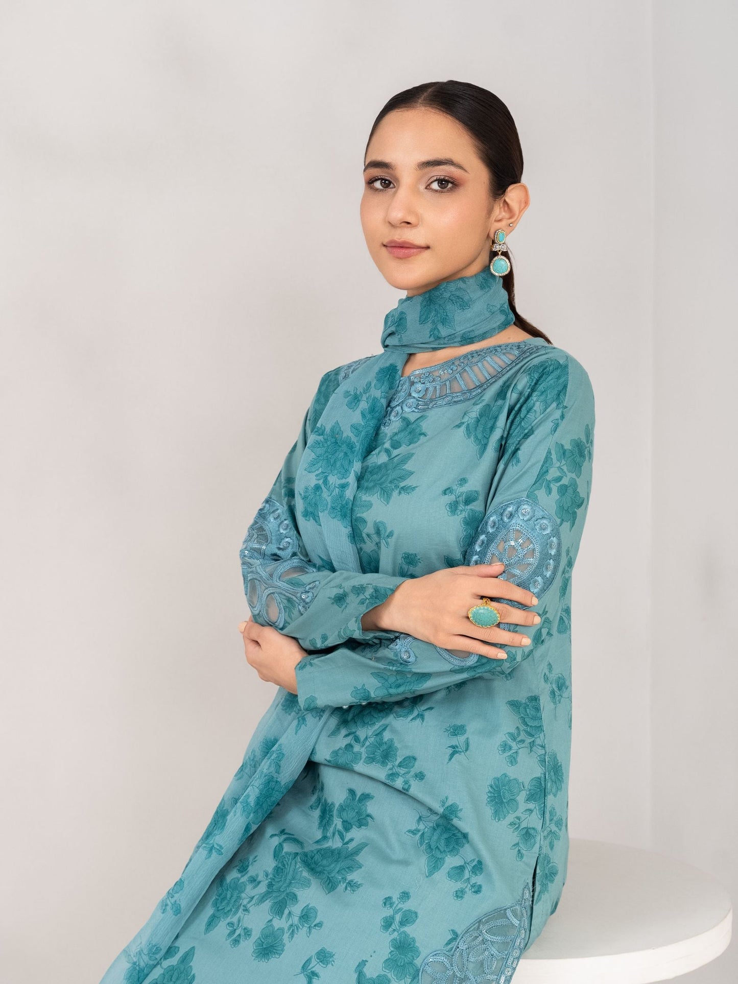 Pacific Blue Embroidered Dhanak 3 Piece Kurta Set – Shaila Dhanak