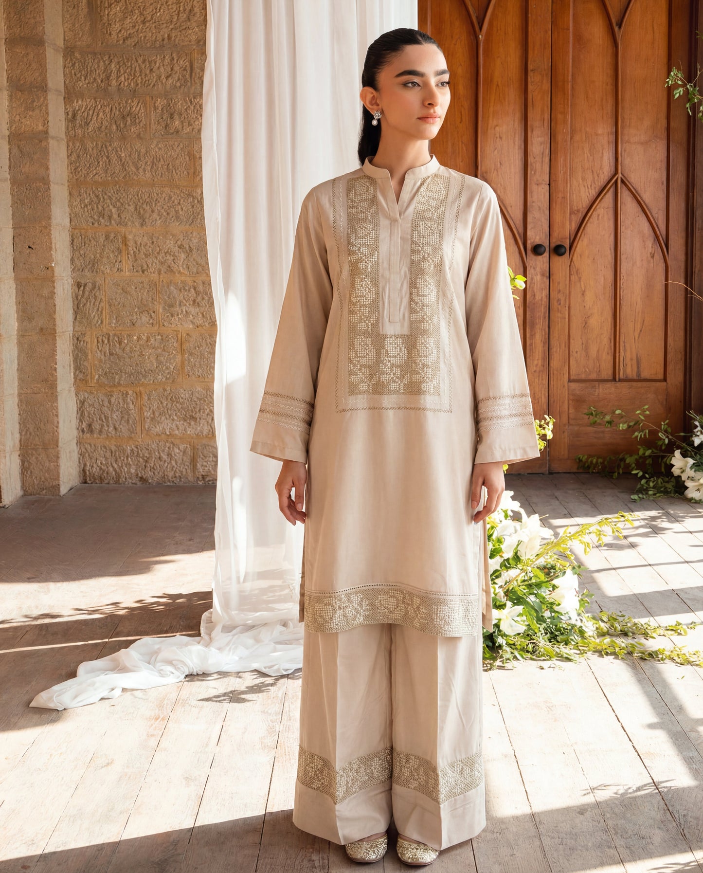Beige Embroidered Linen Kurta Set – 2 Piece Straight Cut Kurta with Palazzo - Rangrez Jawa