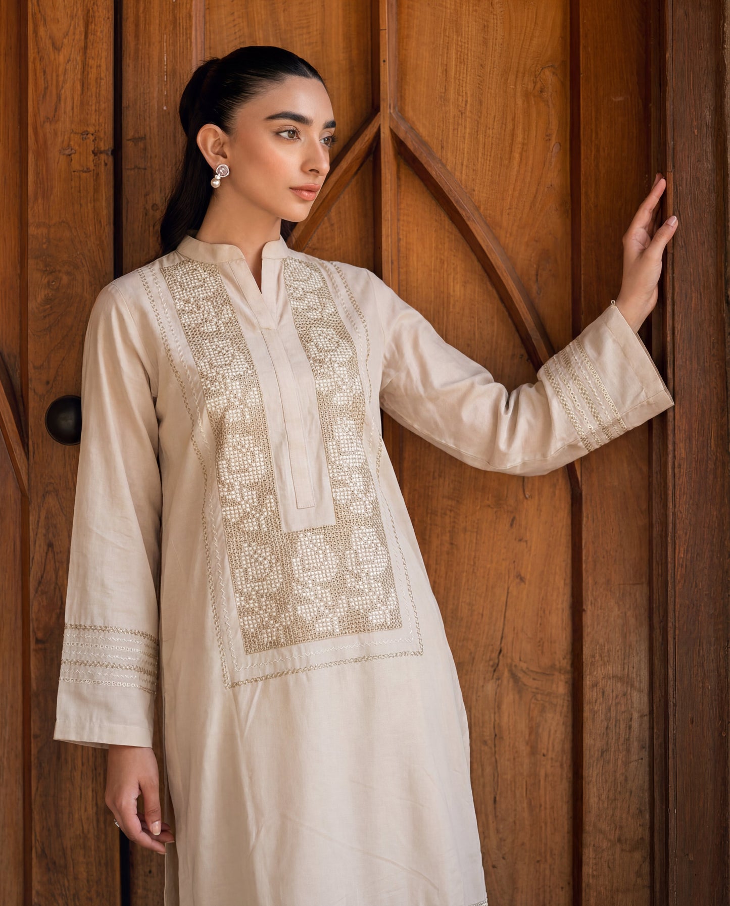 Beige Embroidered Linen Kurta Set – 2 Piece Straight Cut Kurta with Palazzo - Rangrez Jawa