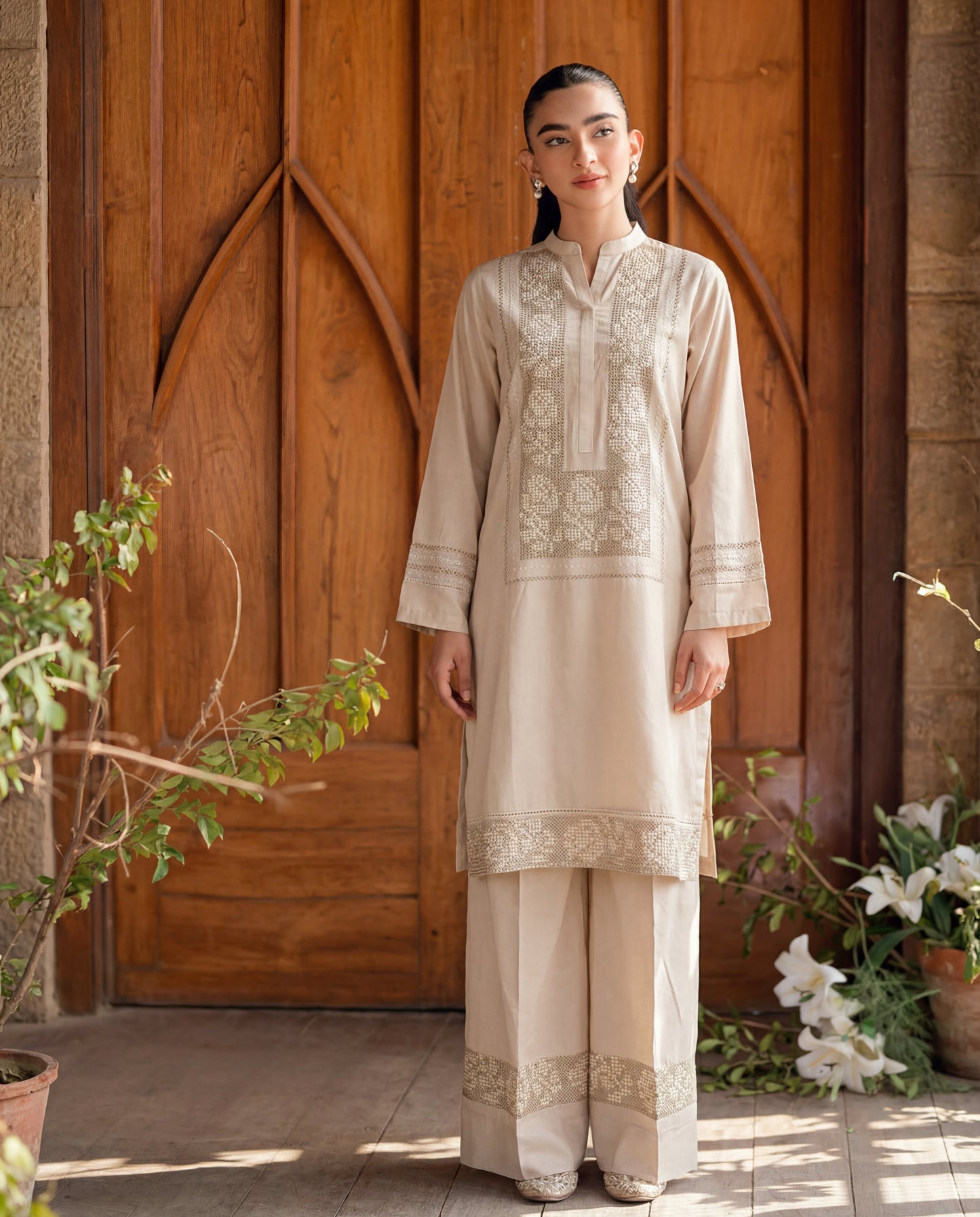 Beige Embroidered Linen Kurta Set – 2 Piece Straight Cut Kurta with Palazzo - Rangrez Jawa