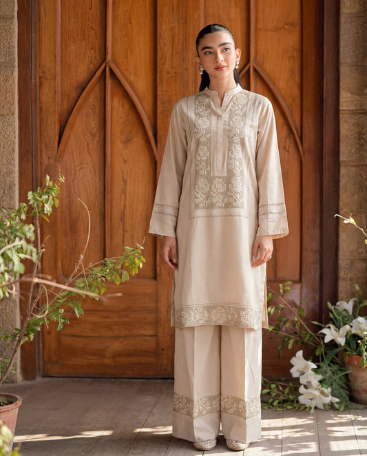 Beige Embroidered Linen Kurta Set – 2 Piece Straight Cut Kurta with Palazzo - Rangrez Jawa