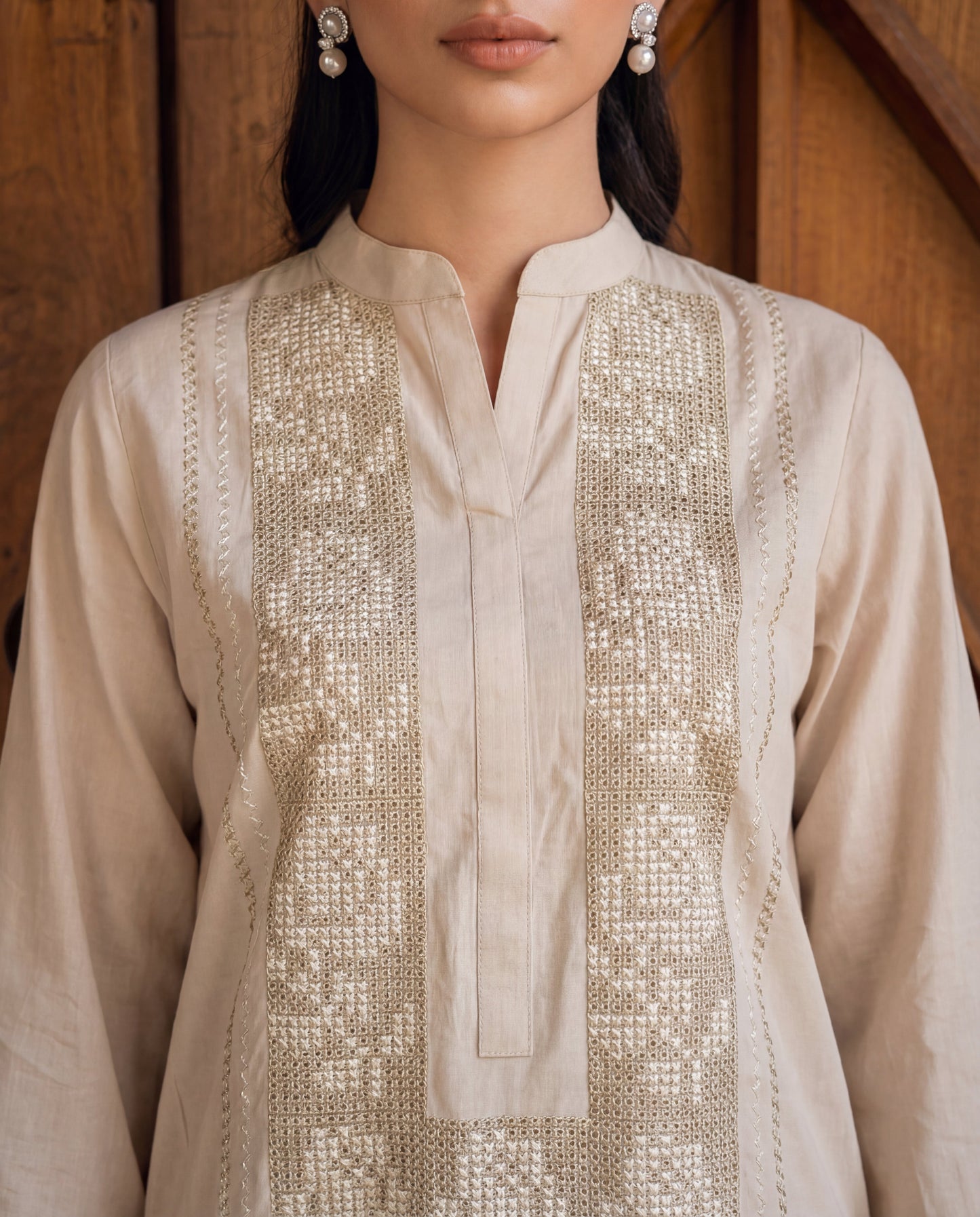 Beige Embroidered Linen Kurta Set – 2 Piece Straight Cut Kurta with Palazzo - Rangrez Jawa