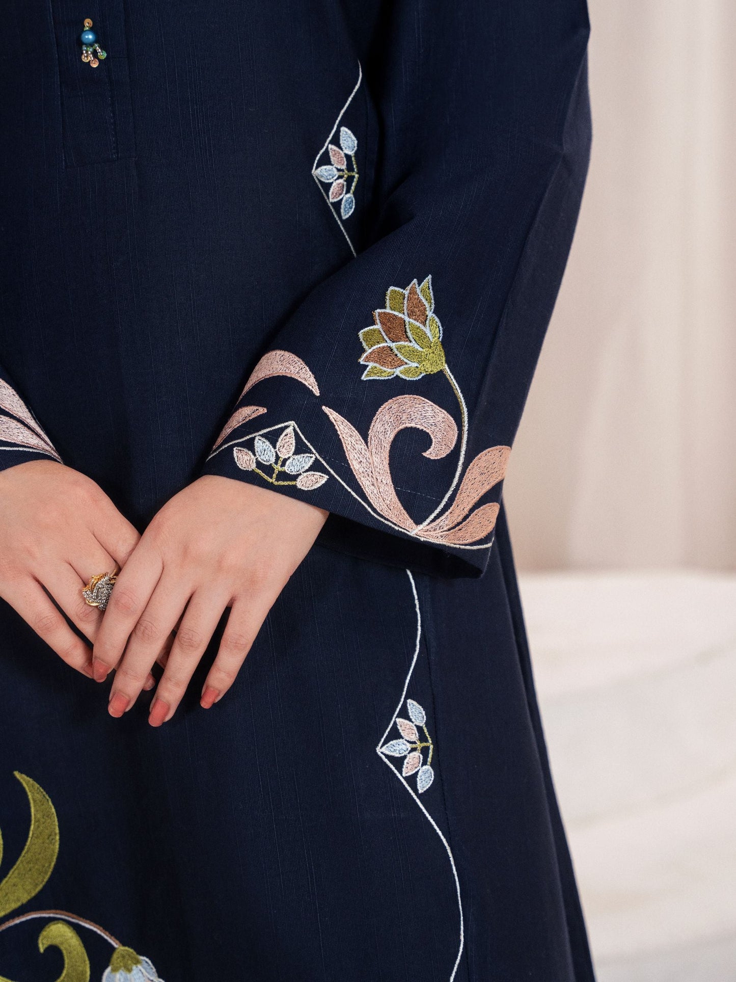 Navy Blue Embroidered Khaddar Shirt/Kurti – 1 Piece Regular Fit Top - Purelle Navy Khaddar