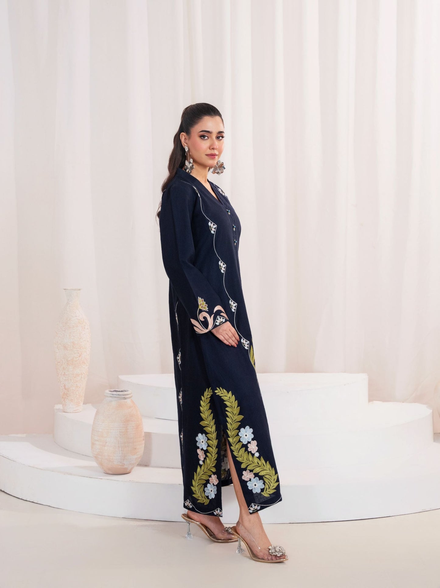 Navy Blue Embroidered Khaddar Shirt/Kurti – 1 Piece Regular Fit Top - Purelle Navy Khaddar