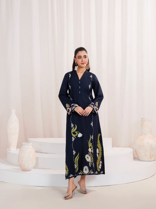 Navy Blue Embroidered Khaddar Shirt/Kurti – 1 Piece Regular Fit Top - Purelle Navy Khaddar