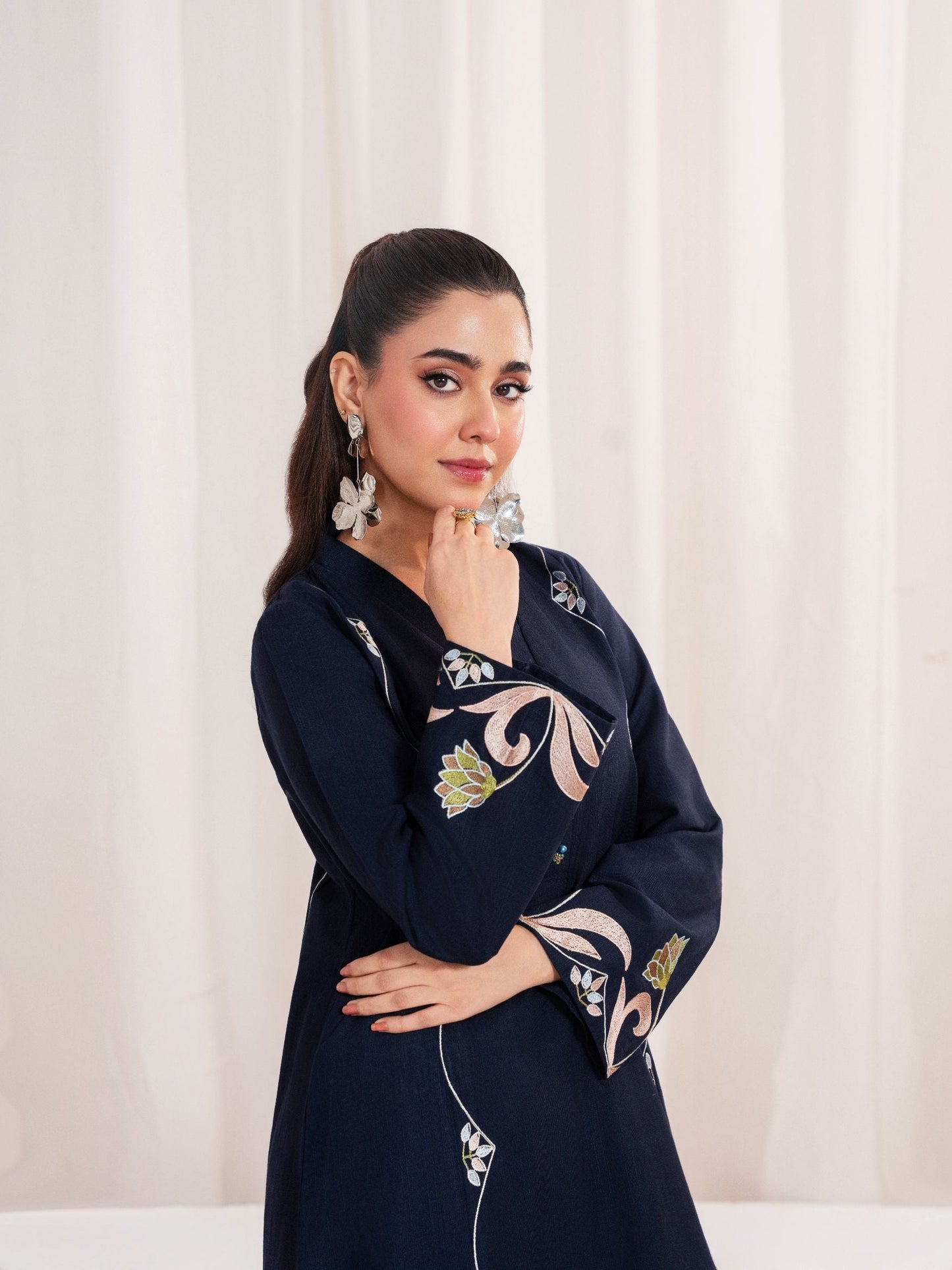 Navy Blue Embroidered Khaddar Shirt/Kurti – 1 Piece Regular Fit Top - Purelle Navy Khaddar