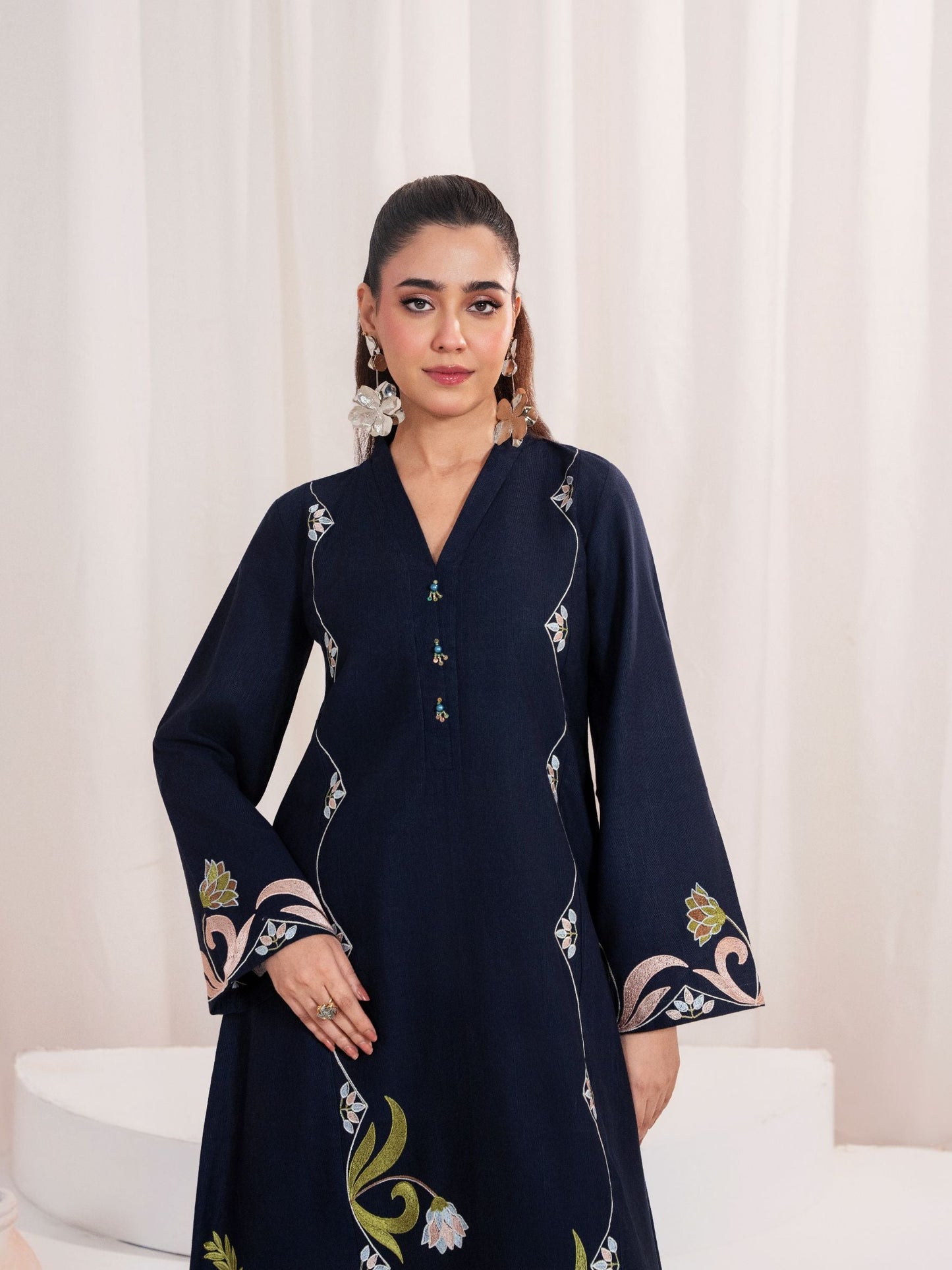 Navy Blue Embroidered Khaddar Shirt/Kurti – 1 Piece Regular Fit Top - Purelle Navy Khaddar