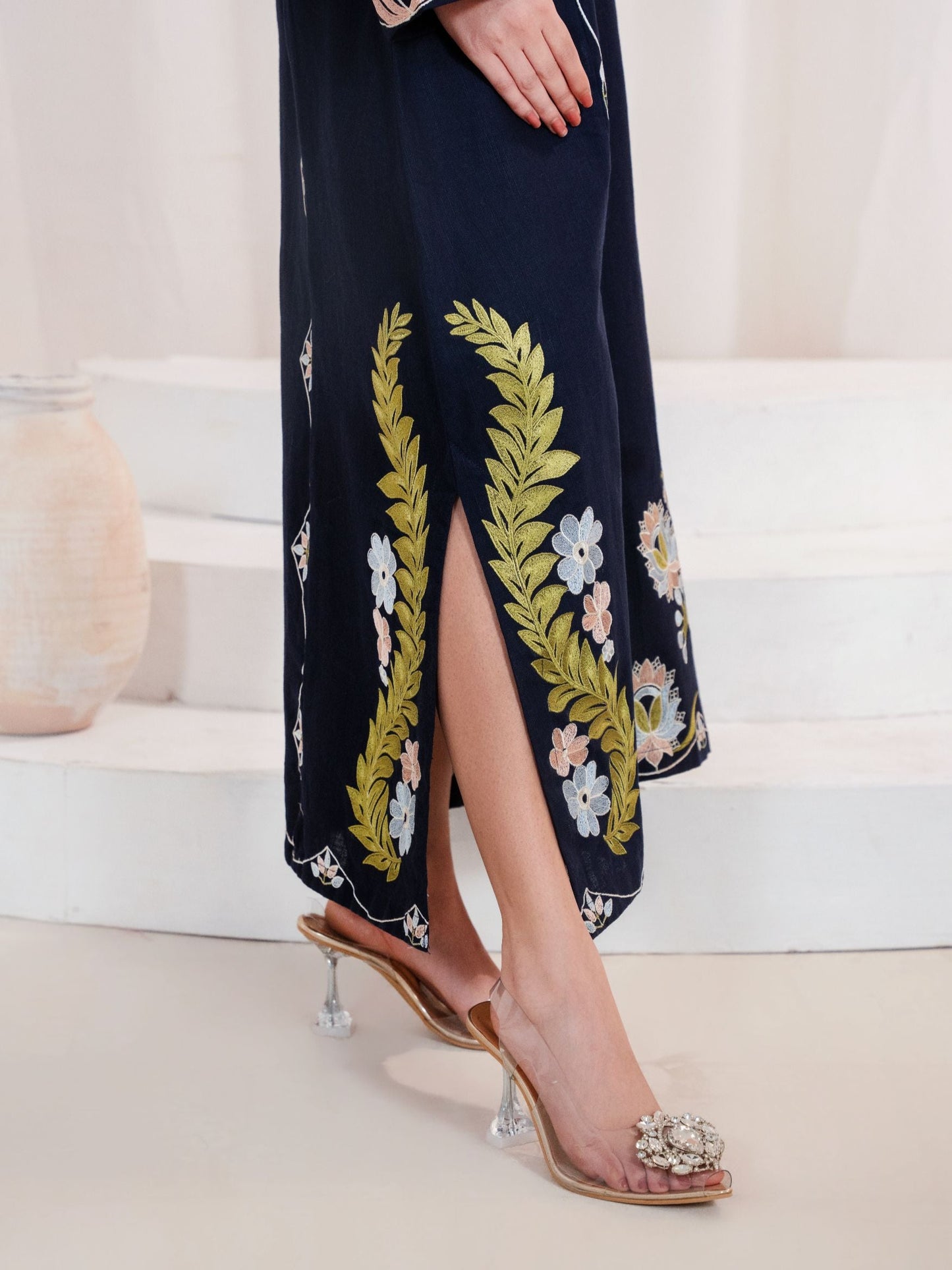 Navy Blue Embroidered Khaddar Shirt/Kurti – 1 Piece Regular Fit Top - Purelle Navy Khaddar