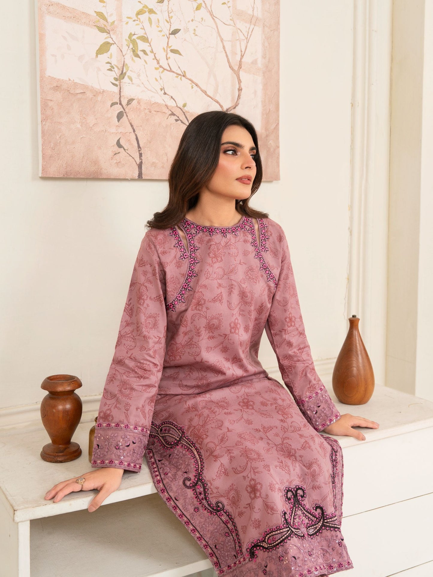 Rose Pink Women’s Embroidered Long Kurta Set