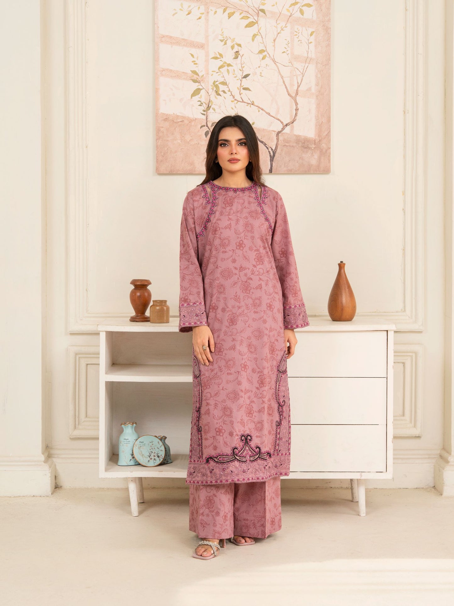 Rose Pink Women’s Embroidered Long Kurta Set