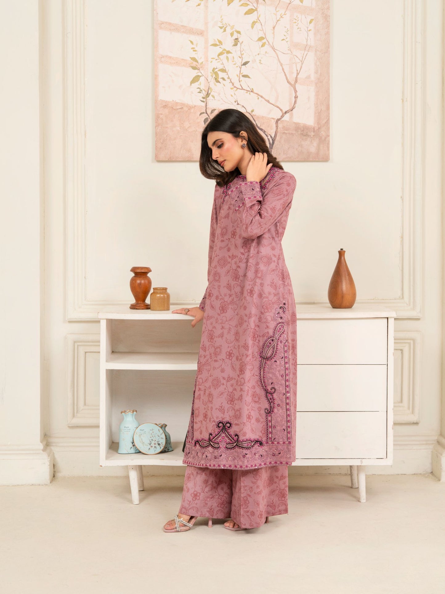 Rose Pink Women’s Embroidered Long Kurta Set