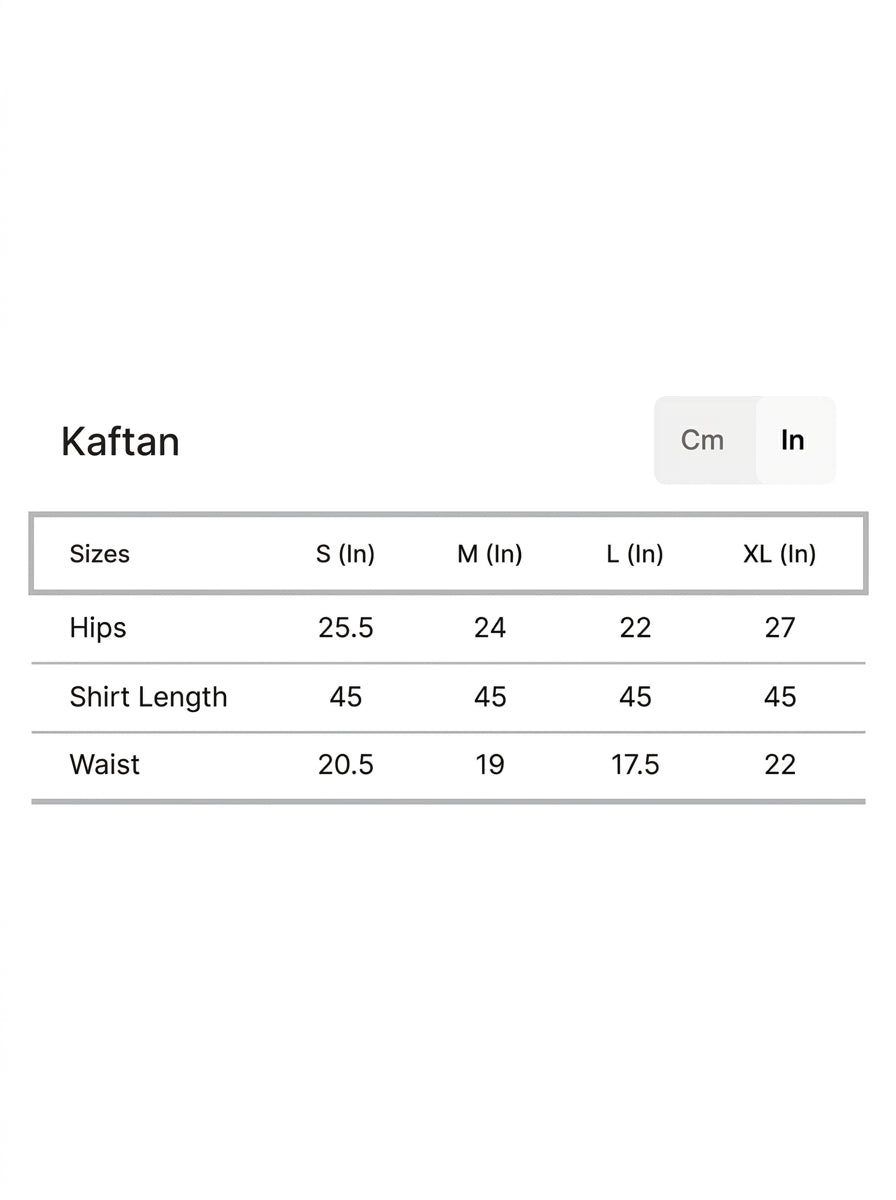 Size chart for Crescent - ZInc One pc