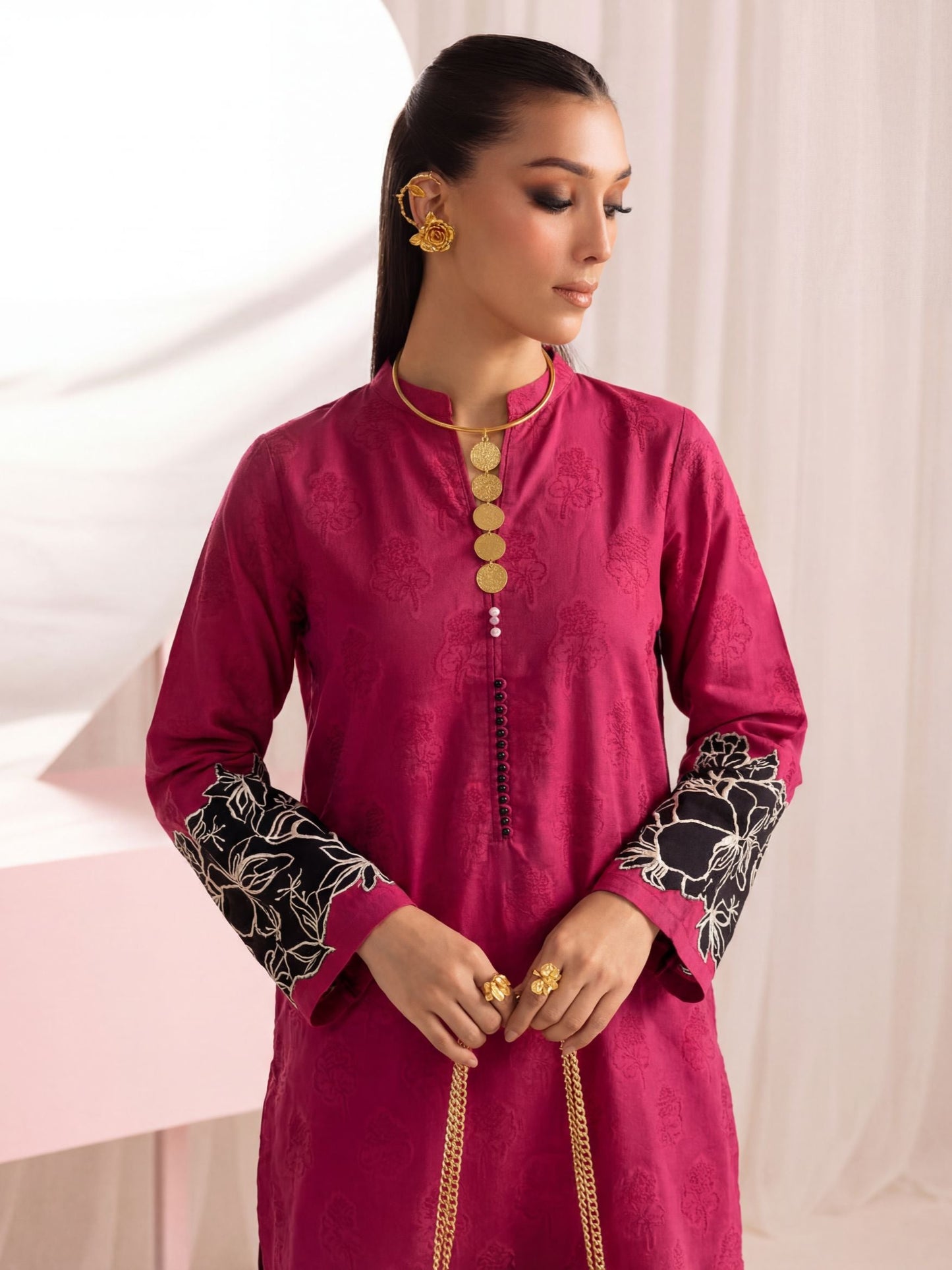 Magenta Embroidered Linen Two Piece Set for Women | Floral Kurta & Wide Leg Trouser Co-Ord