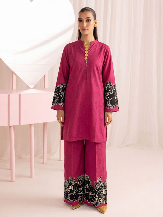 Magenta Embroidered Linen Two Piece Set for Women | Floral Kurta & Wide Leg Trouser Co-Ord