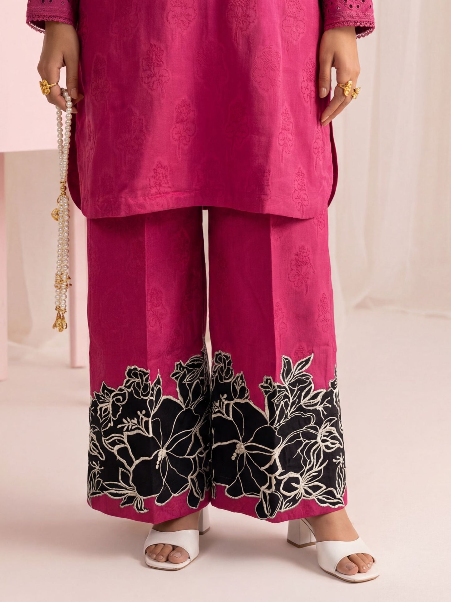 Magenta Embroidered Linen Two Piece Set for Women | Floral Kurta & Wide Leg Trouser Co-Ord