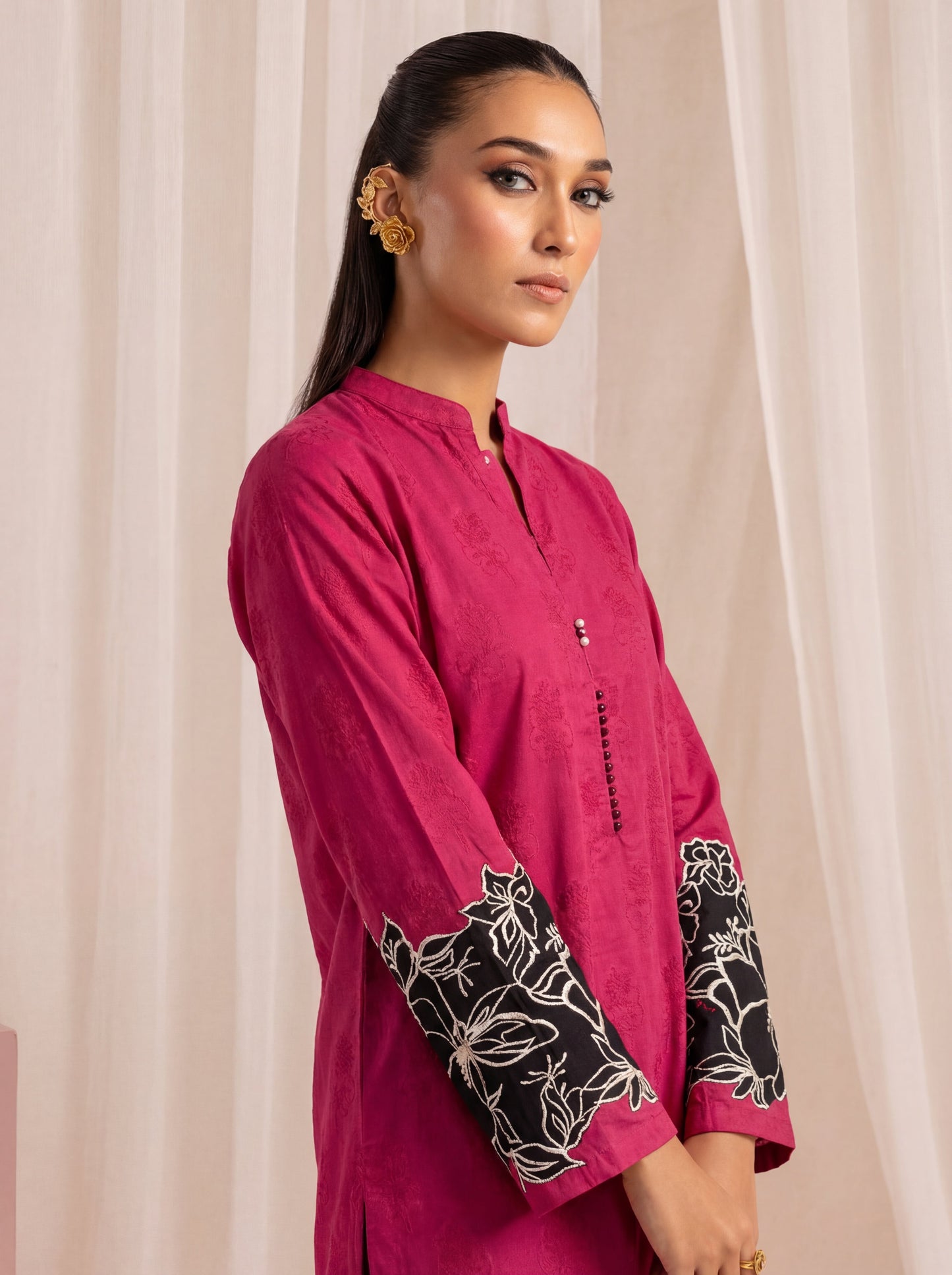 Magenta Embroidered Linen Two Piece Set for Women | Floral Kurta & Wide Leg Trouser Co-Ord
