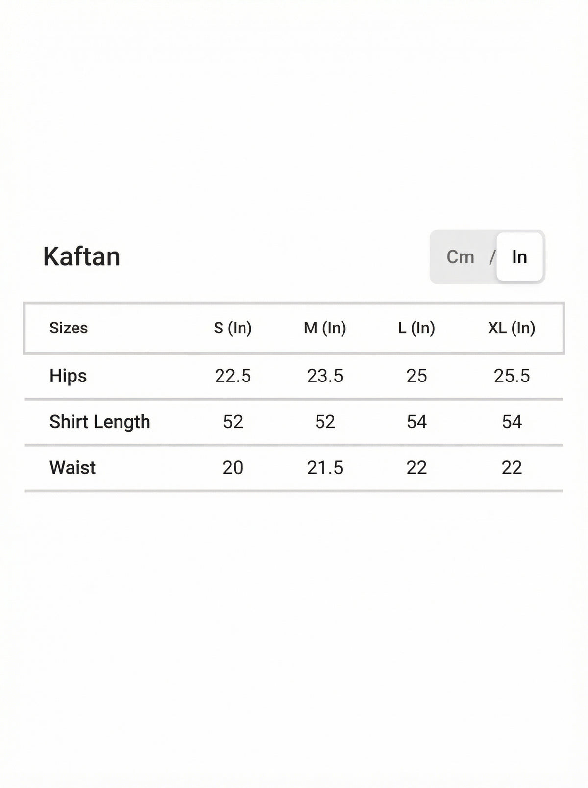 Size chart for Naira Black