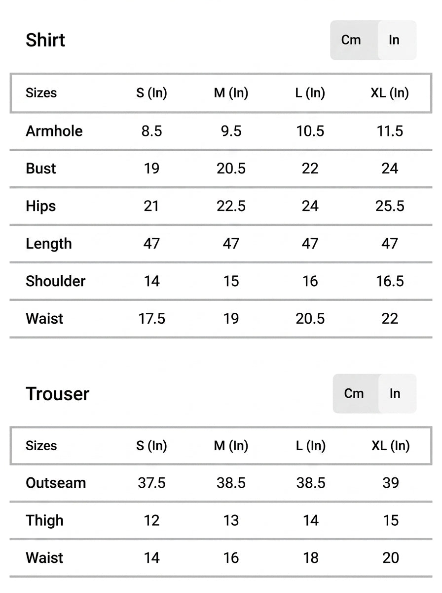 Size chart for Namar - Maroon