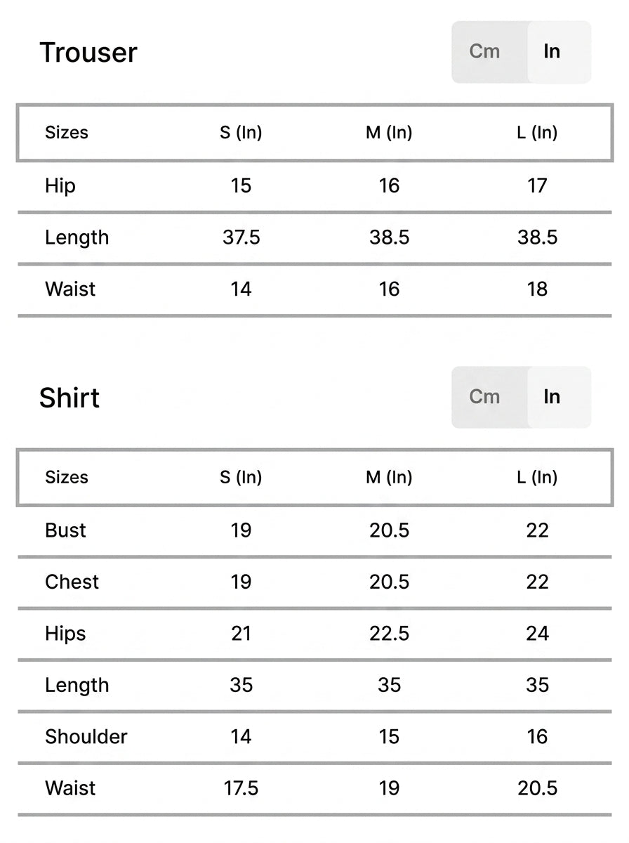 Size chart for Saamiya Pink